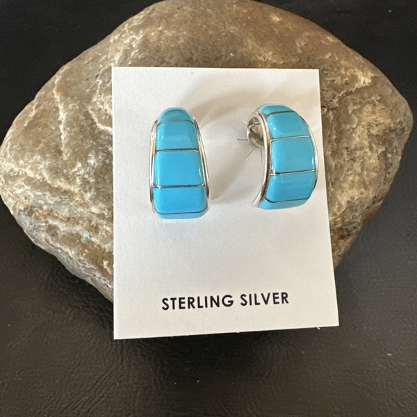 Southwestern Blue Turquoise Stud Inlay Earrings 1" | Sterling Silver | Authentic Native American Handmade | 19267