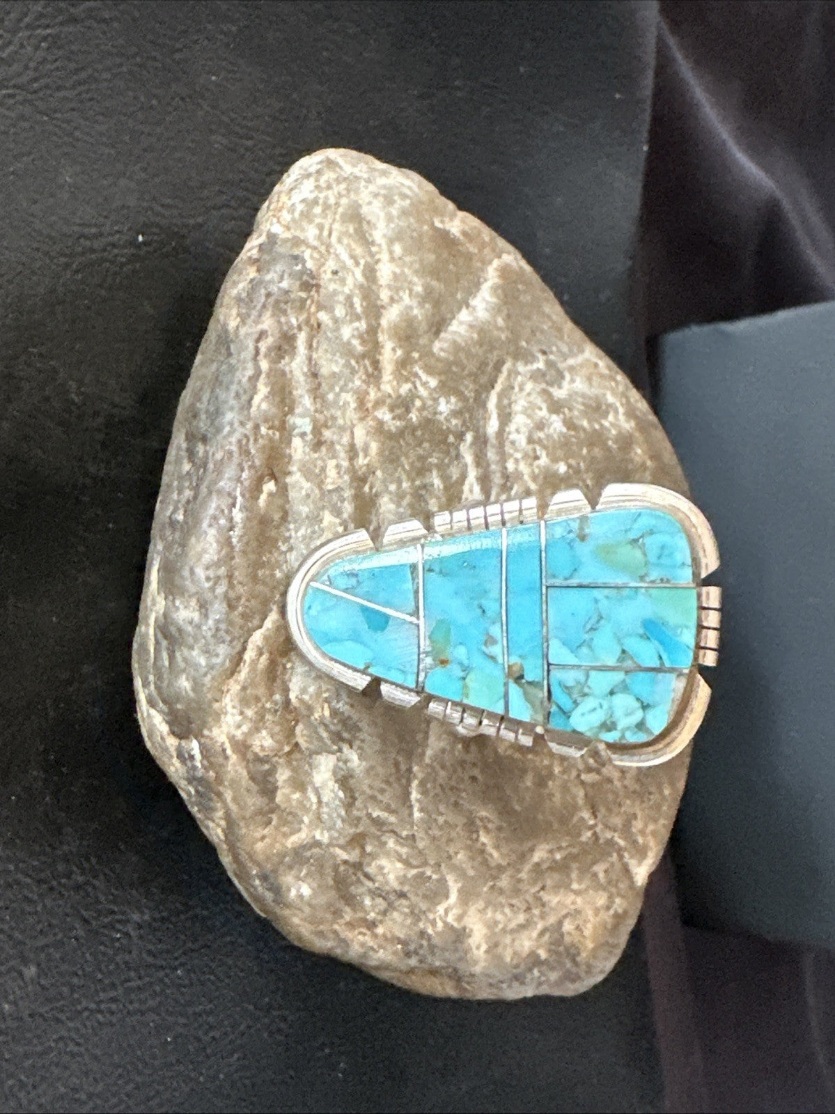 Blue Turquoise Navajo Inlay Sterling Silver Ring Size 11 19782