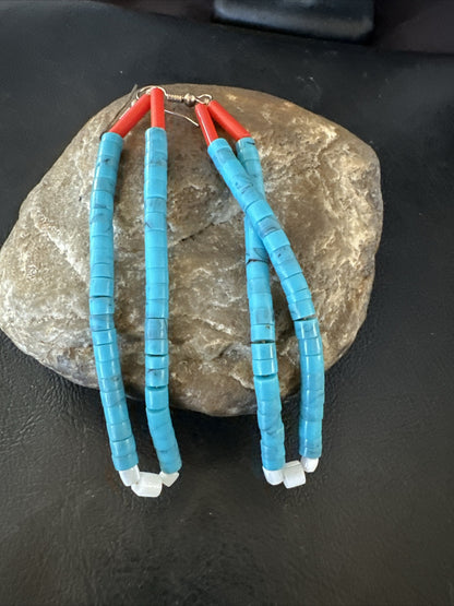 Blue Turquoise Coral Santo Domingo Sterling Silver Long Dangle Earrings 3" 17848