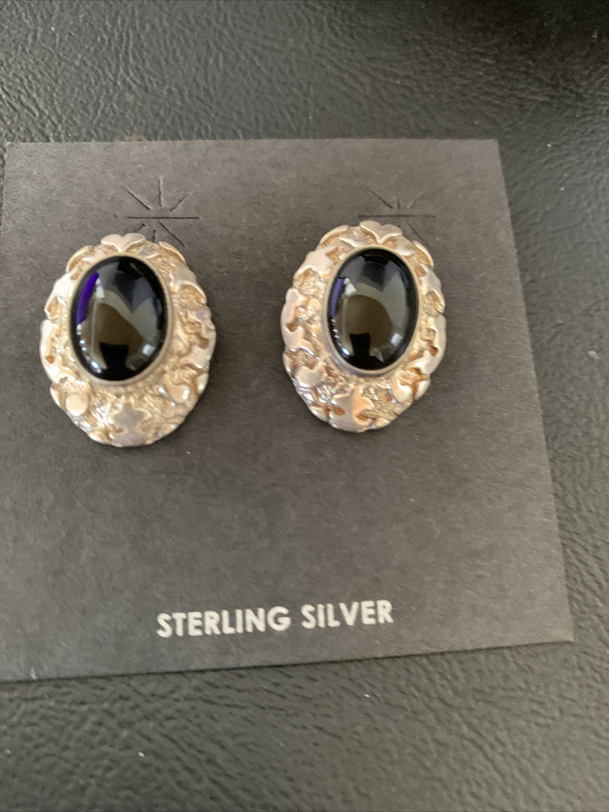 Native American Womens Nugget Sterling Silver Black Onyx Earrings 1" 13047