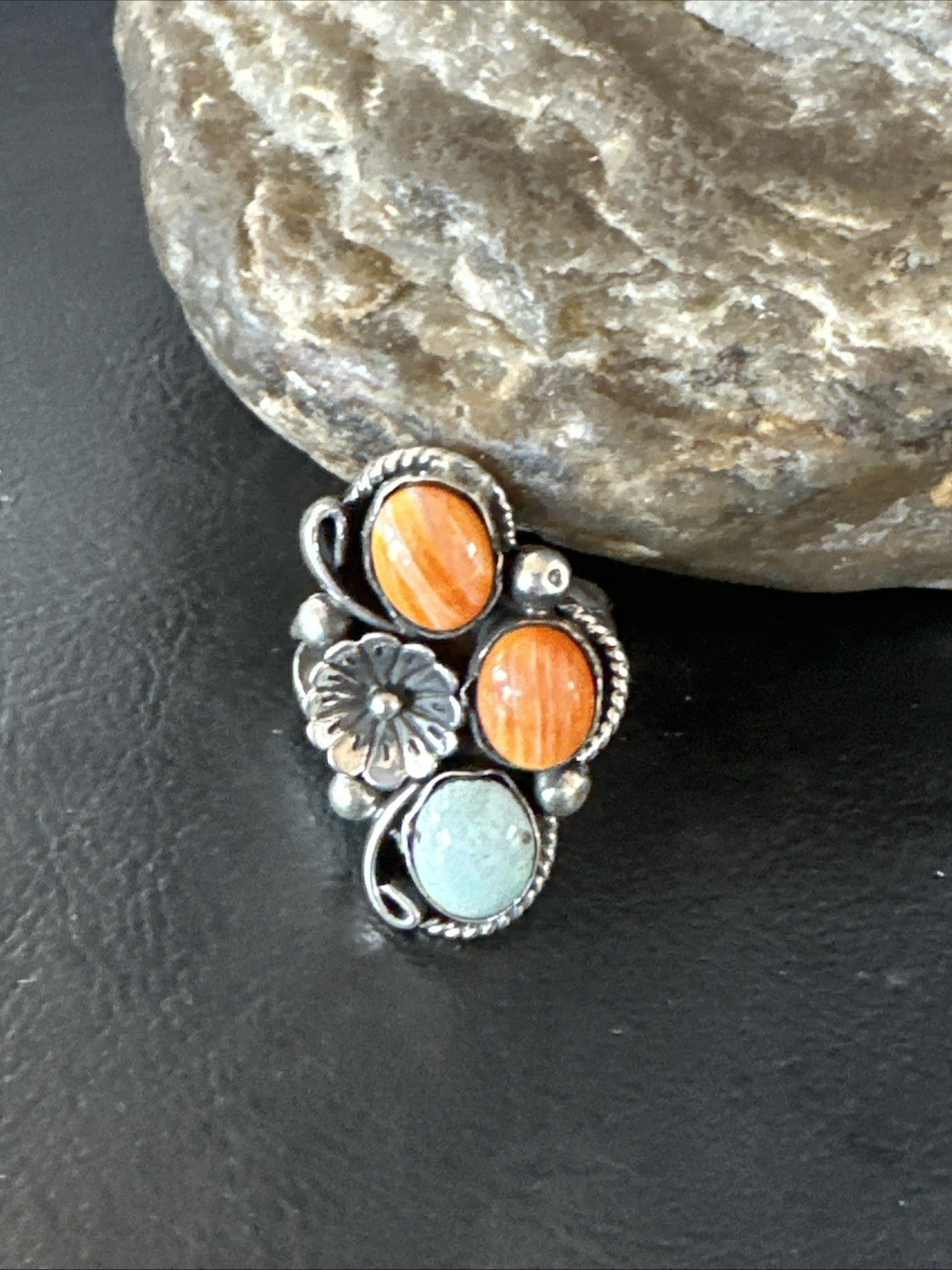 Multicolor Ring Turquoise Spiny Navajo Sterling Silver Cluster Size 8.5 19188