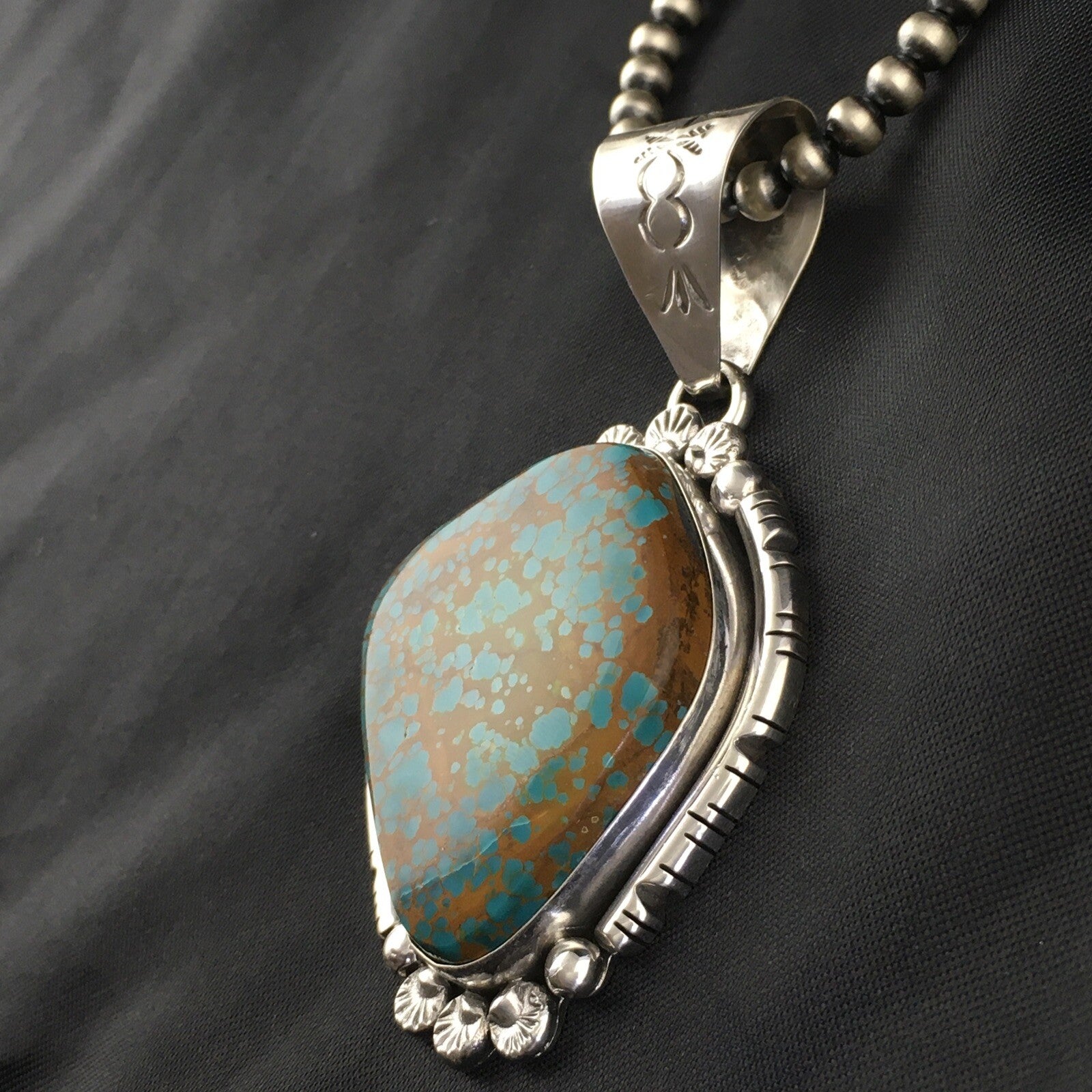 Blue Turquoise#8 Pendant Navajo Pearls Sterling Silver Necklace 17960