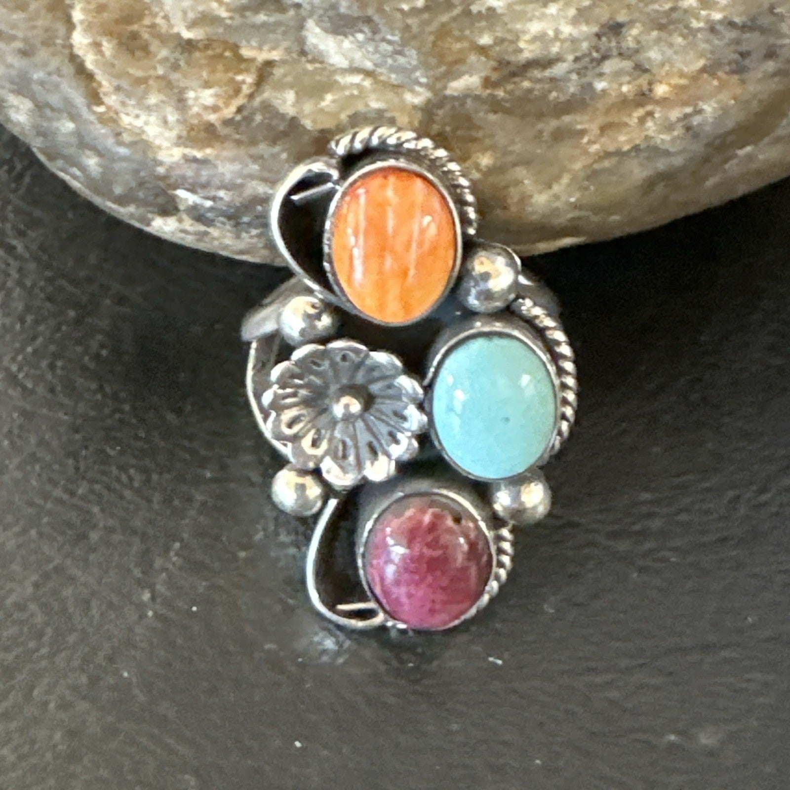 Multicolor Ring Turquoise Spiny Navajo Sterling Silver Cluster Size 8.5 19166