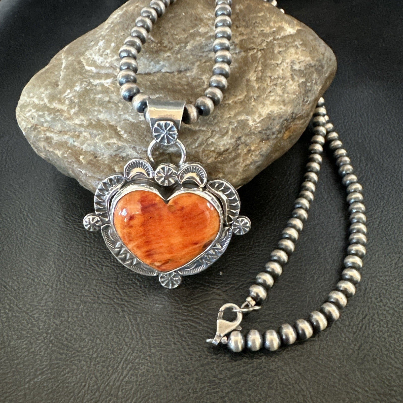 H Joe Orange Spiny Oyster Heart Pendant Navajo Sterling Silver Necklace 19482