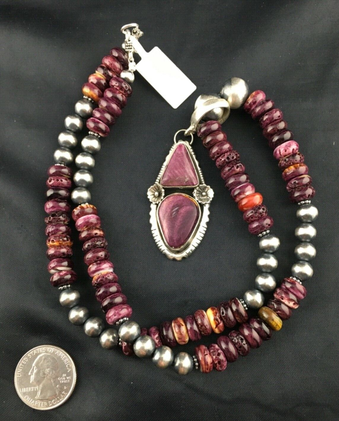 Purple Spiny Oyster Pendant Navajo Sterling Silver Beads Necklace 08175