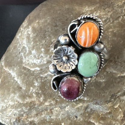Multicolor Ring Turquoise Spiny Navajo Sterling Silver Cluster Size 9 19173