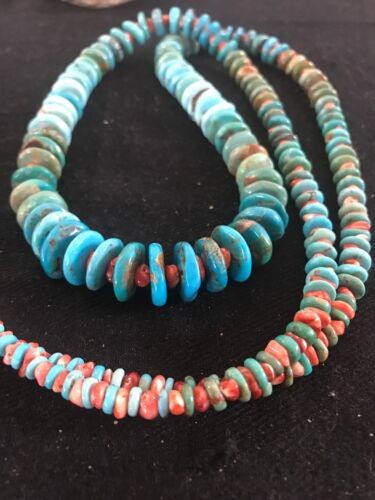 Navajo Blue Green Turquoise & Spiny Oyster Necklace Graduated 35" 8117