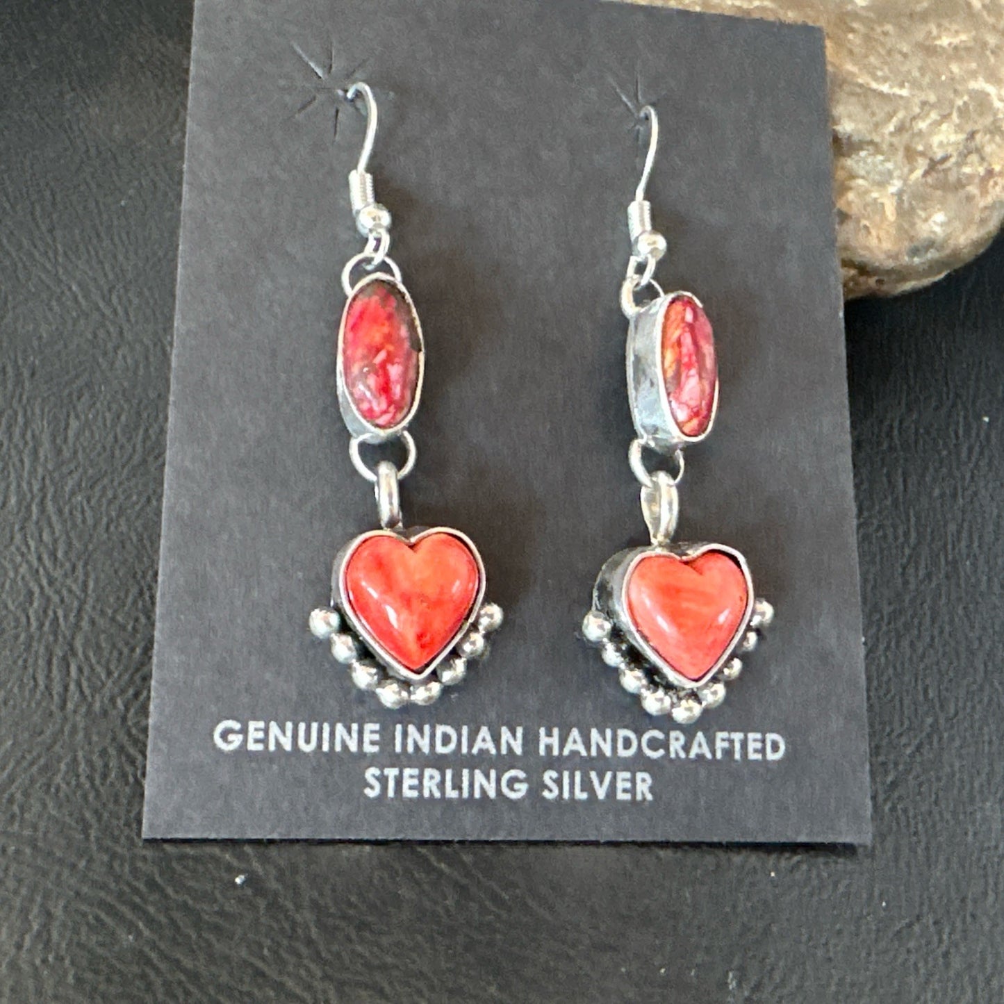 Yazzie Red Heart Spiny Oyster Navajo Sterling Silver Dangle Earrings 19797