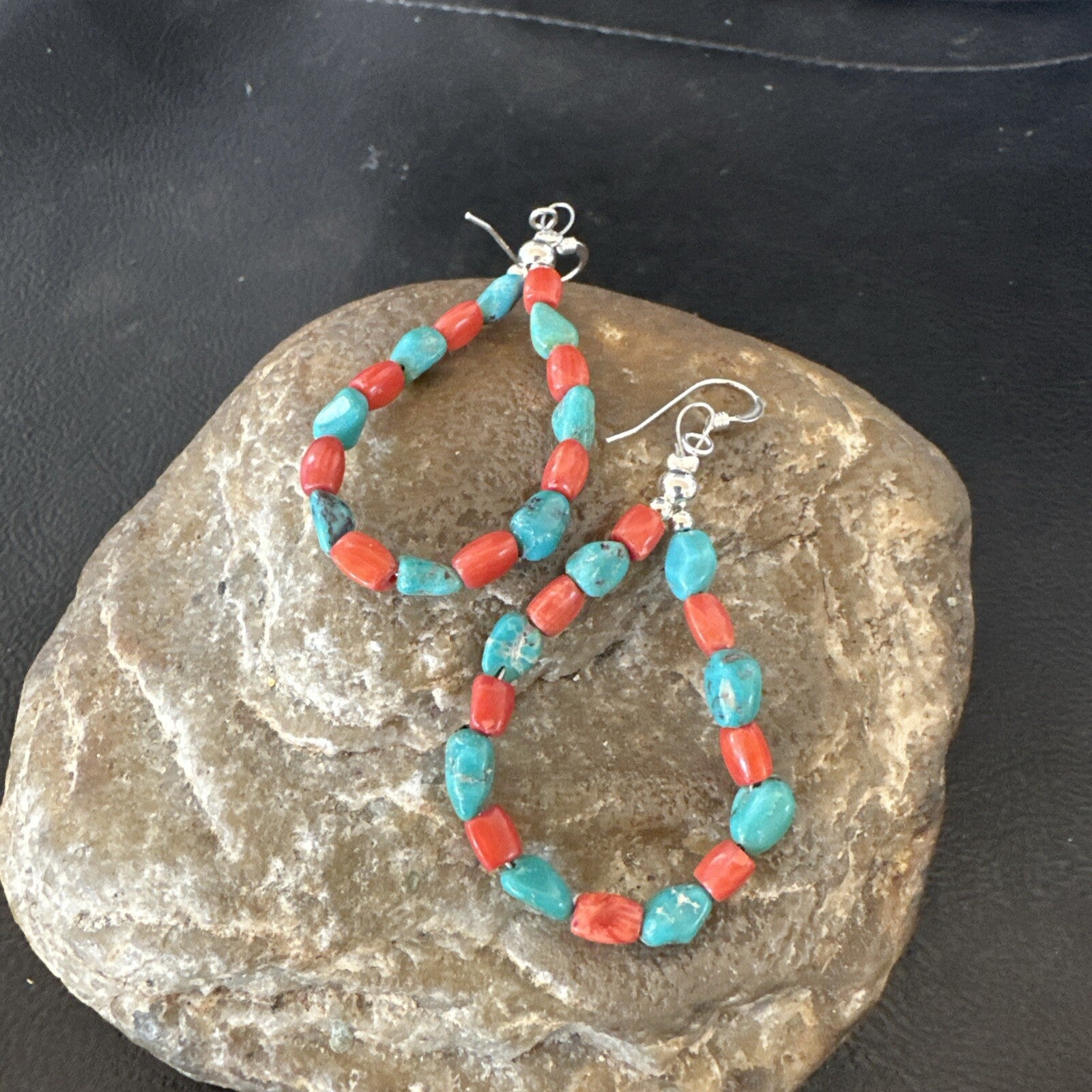 Blue Turquoise Coral Navajo Sterling Silver Earrings 2” 18834