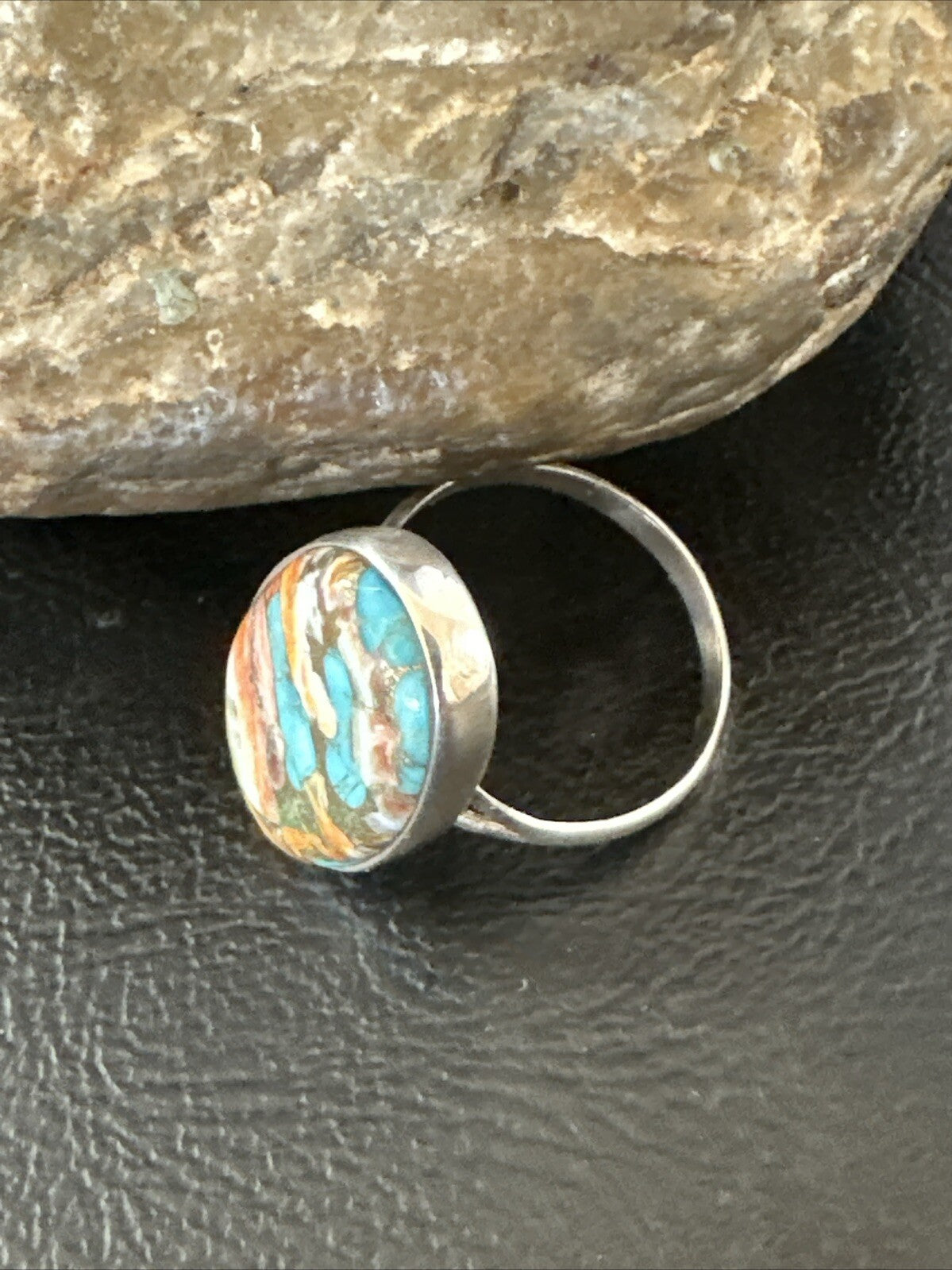 Blue Turquoise Orange Spiny Oyster Navajo Sterling Silver Ring Size 10 18208