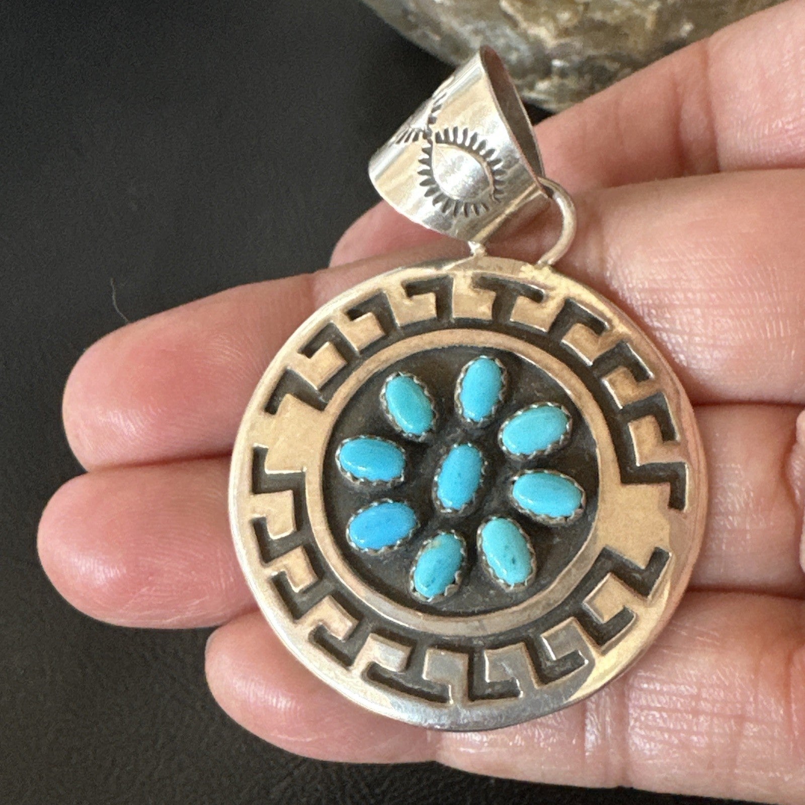 Cluster Blue Kingman Turquoise Navajo Sterling Silver Pendant 2" 19287