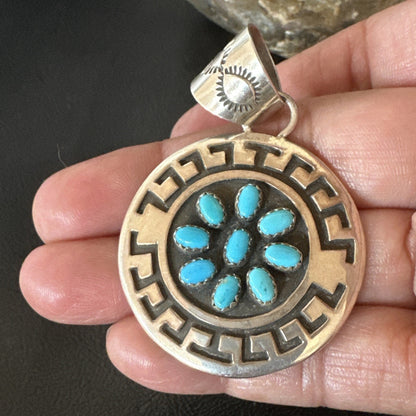 Cluster Blue Kingman Turquoise Navajo Sterling Silver Pendant 2" 19287