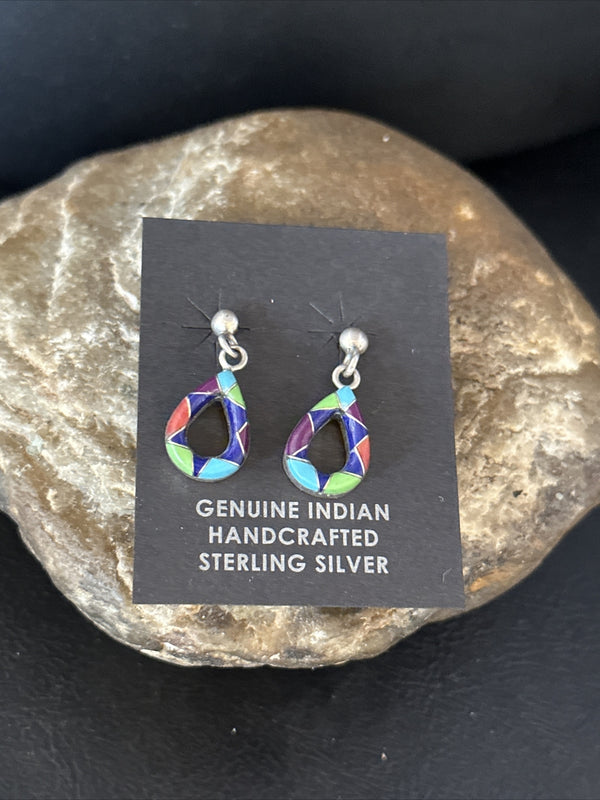 Turquoise Spiny Oyster Opal Navajo Inlay Earrings 1" | Sterling Silver | Authentic Native American Handmade | 14411