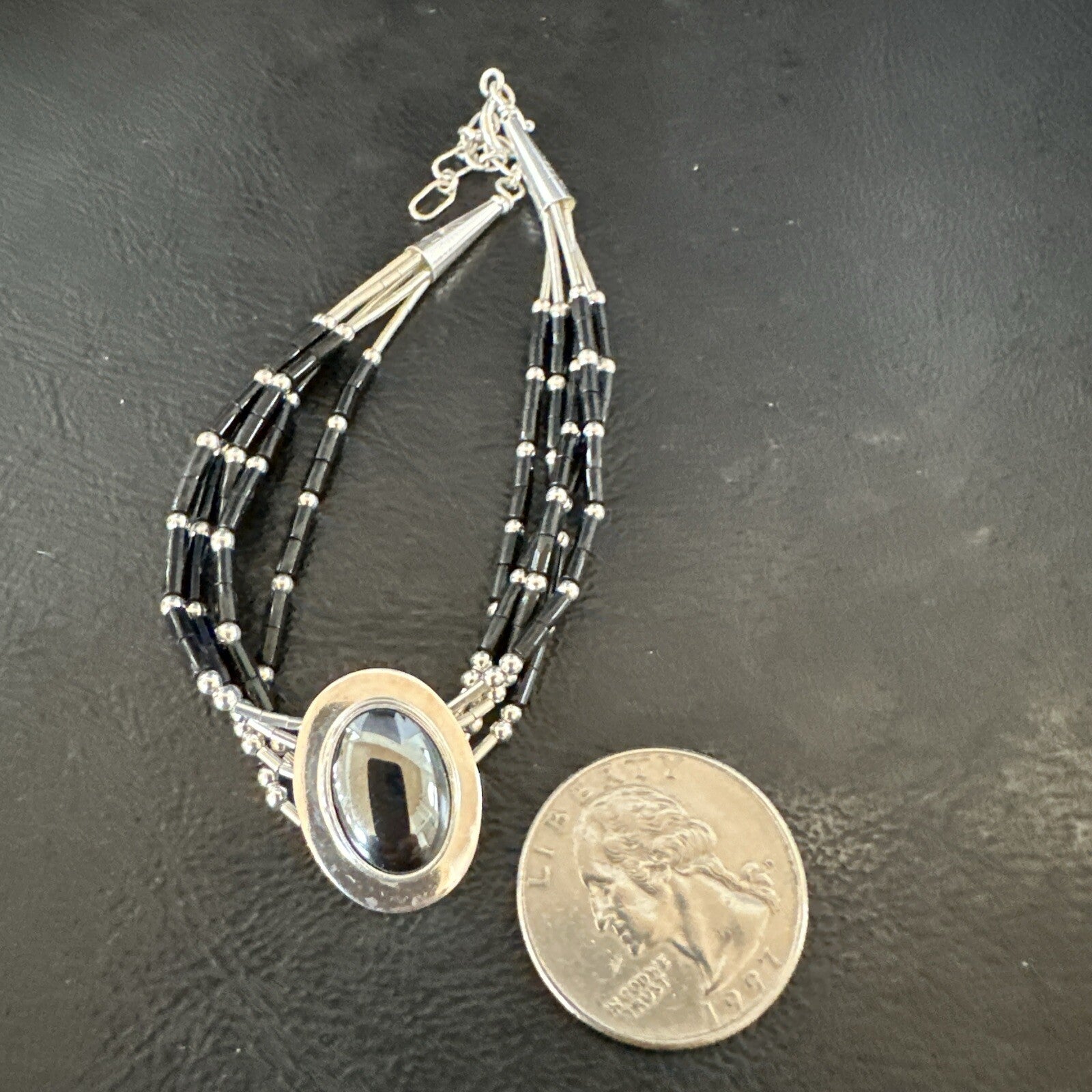 Black Onyx Heishi 5S Pend Southwestern Liquid Sterling Silver Bracelet 8” 17751