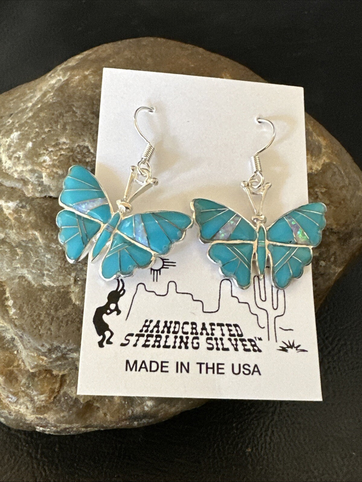 Butterfly Blue Turquoise Opal Inlay Sterling Silver Dangle Earrings 18554