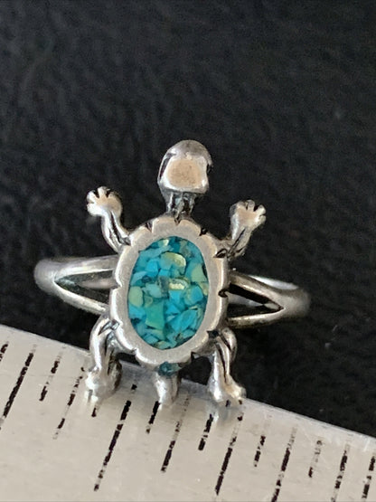 Blue Turquoise Navajo Sterling Silver Old Pawn Turtle Ring Size 4.5 10787