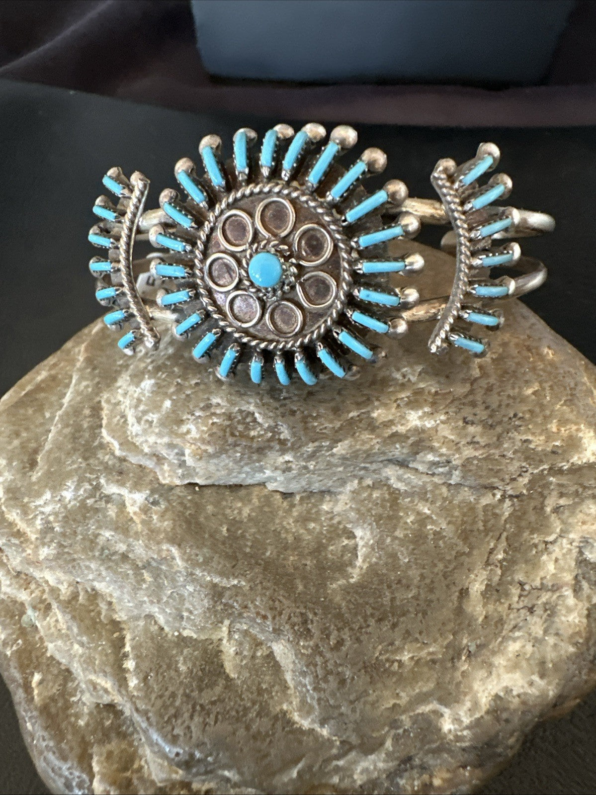 Blue Turquoise Native American Zuni Sterling Silver Cluster Cuff Bracelet 12151