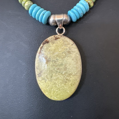Green Gaspeite Pendant Blue Turquoise Navajo Sterling Silver Necklace 20" 19666