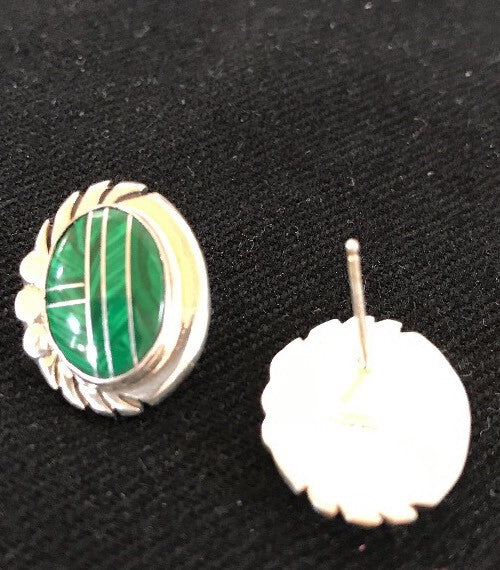 Green Malachite Southwetsern Navajo Sterling Silver Inlay Earrings 01987