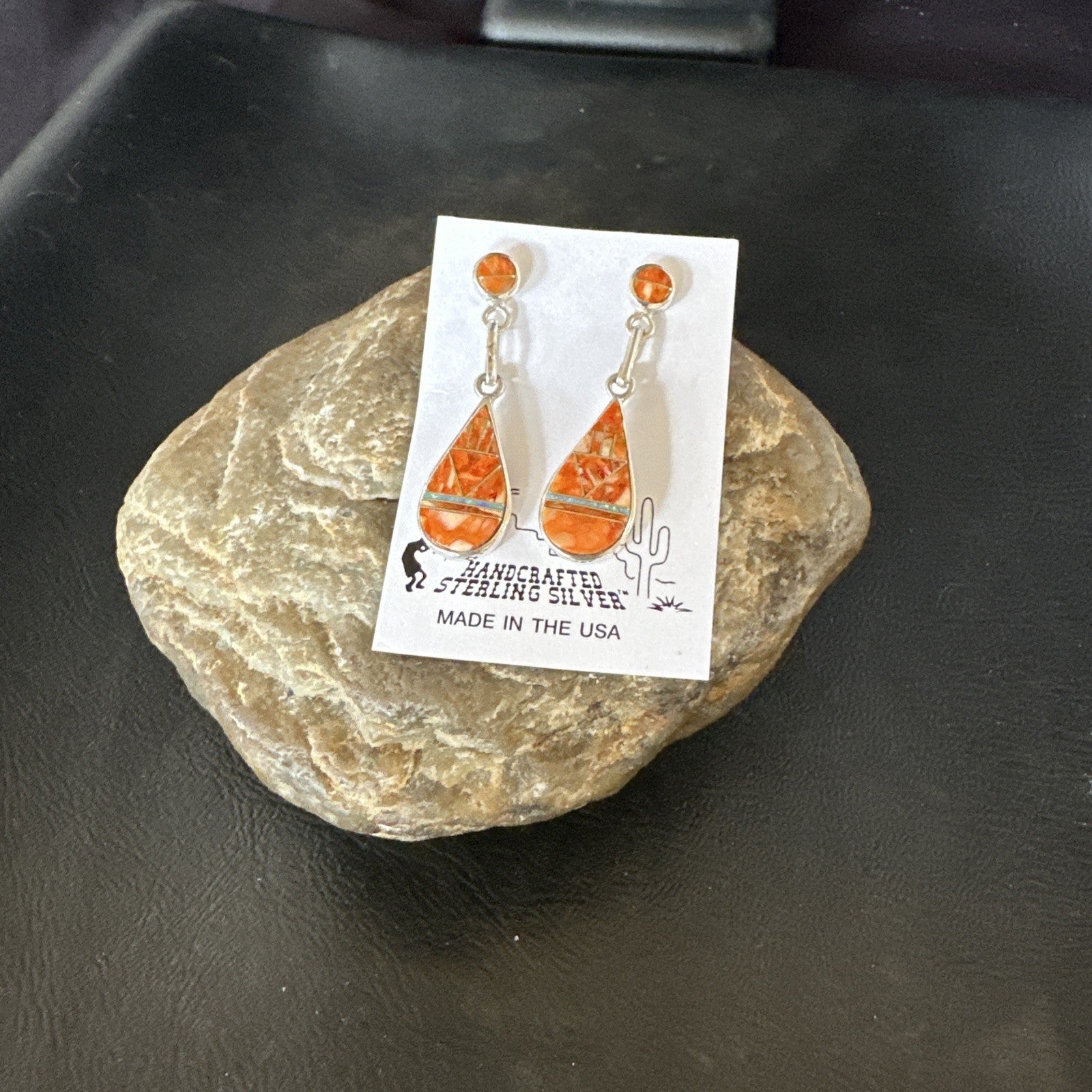Womens Opal Spiny Oyster Inlay Navajo Sterling Silver Dangle Earrings 19135