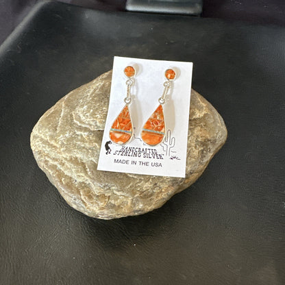Womens Opal Spiny Oyster Inlay Navajo Sterling Silver Dangle Earrings 19135