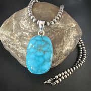 Blue Kingman Turquoise Pendant Navajo Pearls Necklace 20" | Sterling Silver | Authentic Native American Handmade | 16691