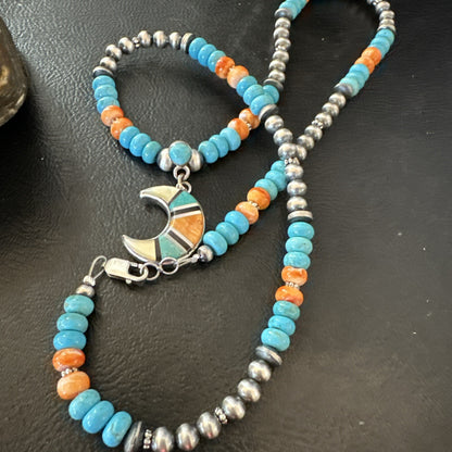 Crescent Multicolor Turquoise Pendant Navajo Sterling Silver Necklace 18731