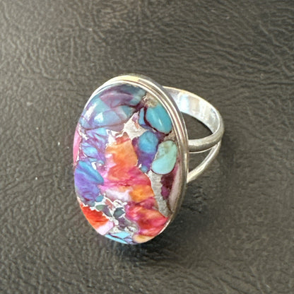 Blue Turquoise Spiny Oyster Southwestern Sterling Silver Ring Size 8 18482