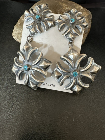 Womens Stamped Blue Turquoise Dangle Earrings Navajo Sterling Silver 19784