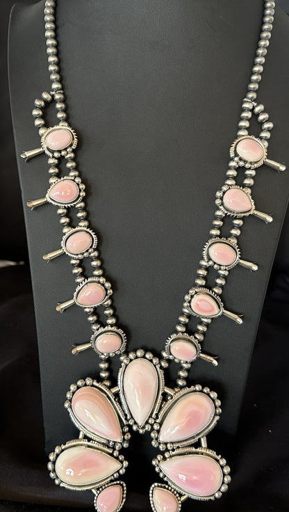 XXL Pink Queen Conch Navajo Squash Sterling Silver Naja Necklace Earrings 19462