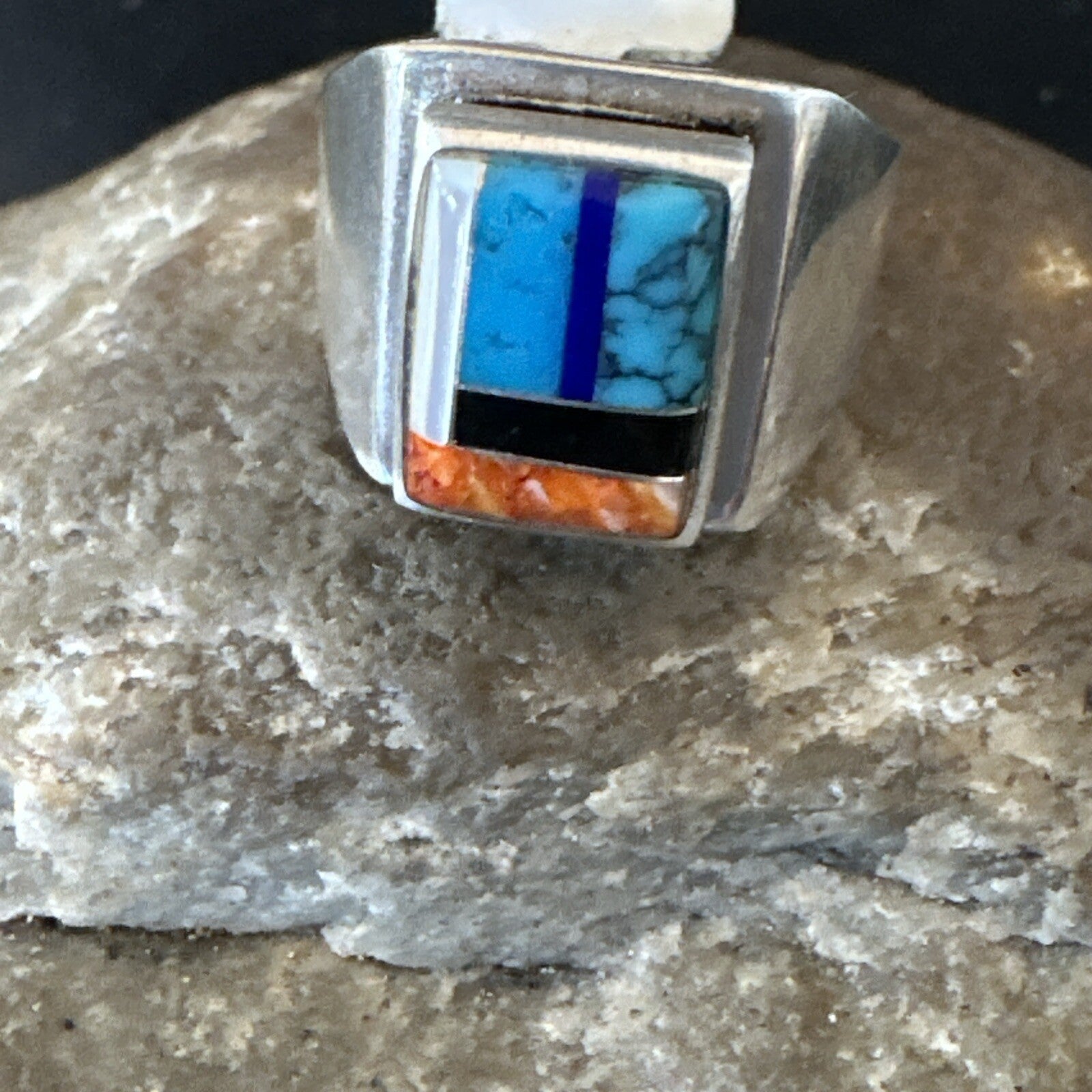 MultiColor Navajo Sterling Turquoise Spiny Oyster Inlay Ring Sz 7.5 18711