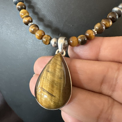 Coffee Brown Tigers Eye Sterling Silver Pendant Necklace Southwestern 18280
