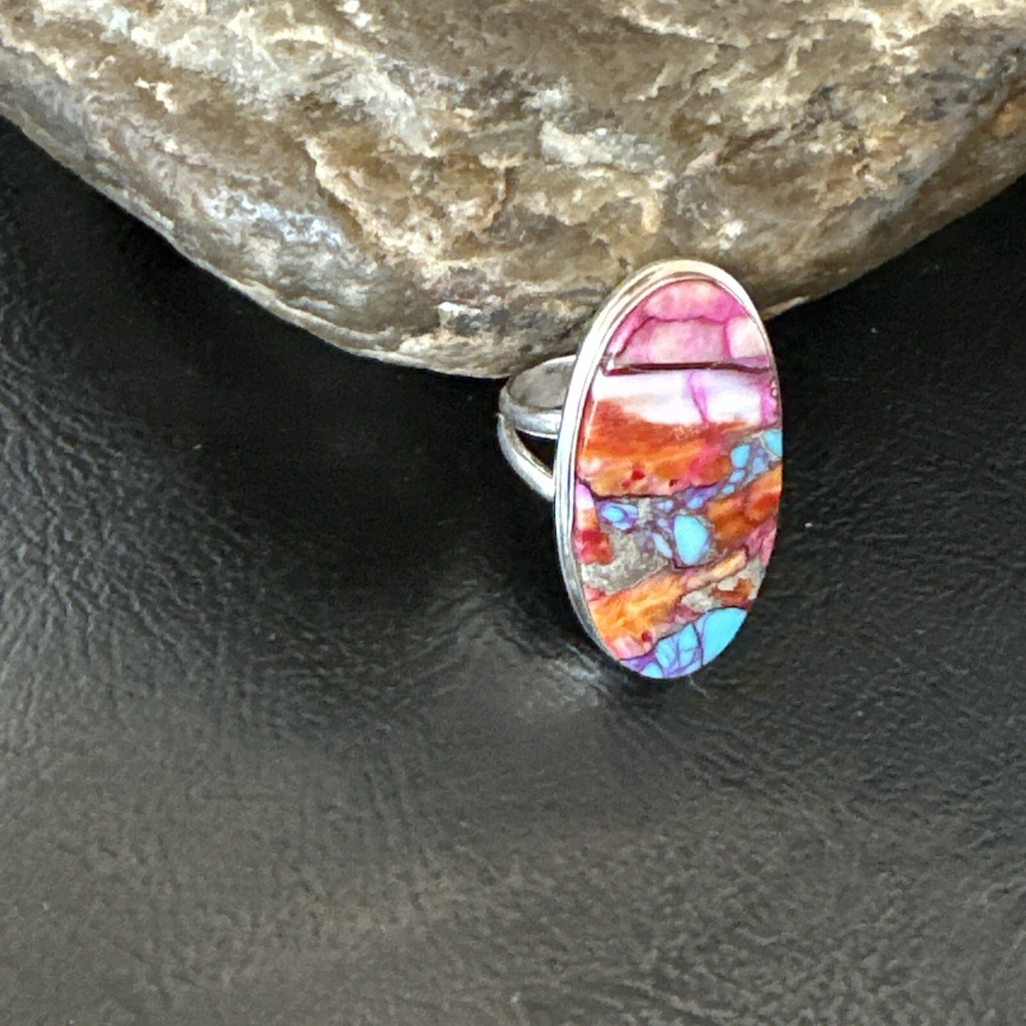 Blue Turquoise Orange Spiny Oyster Navajo Sterling Silver Ring Size 7 18212