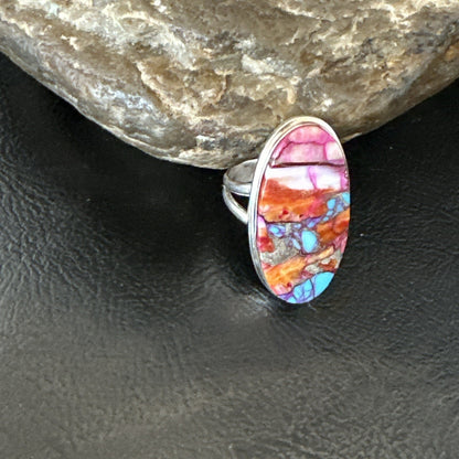 Blue Turquoise Orange Spiny Oyster Navajo Sterling Silver Ring Size 7 18212