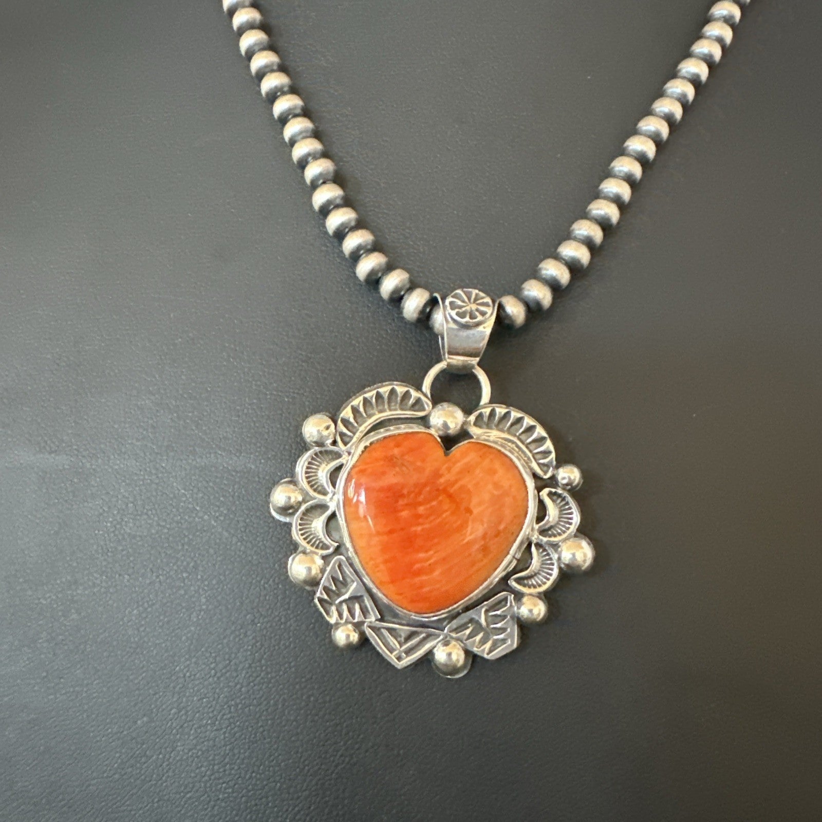 H Joe Orange Spiny Oyster Heart Pendant Navajo Sterling Silver Necklace 19486