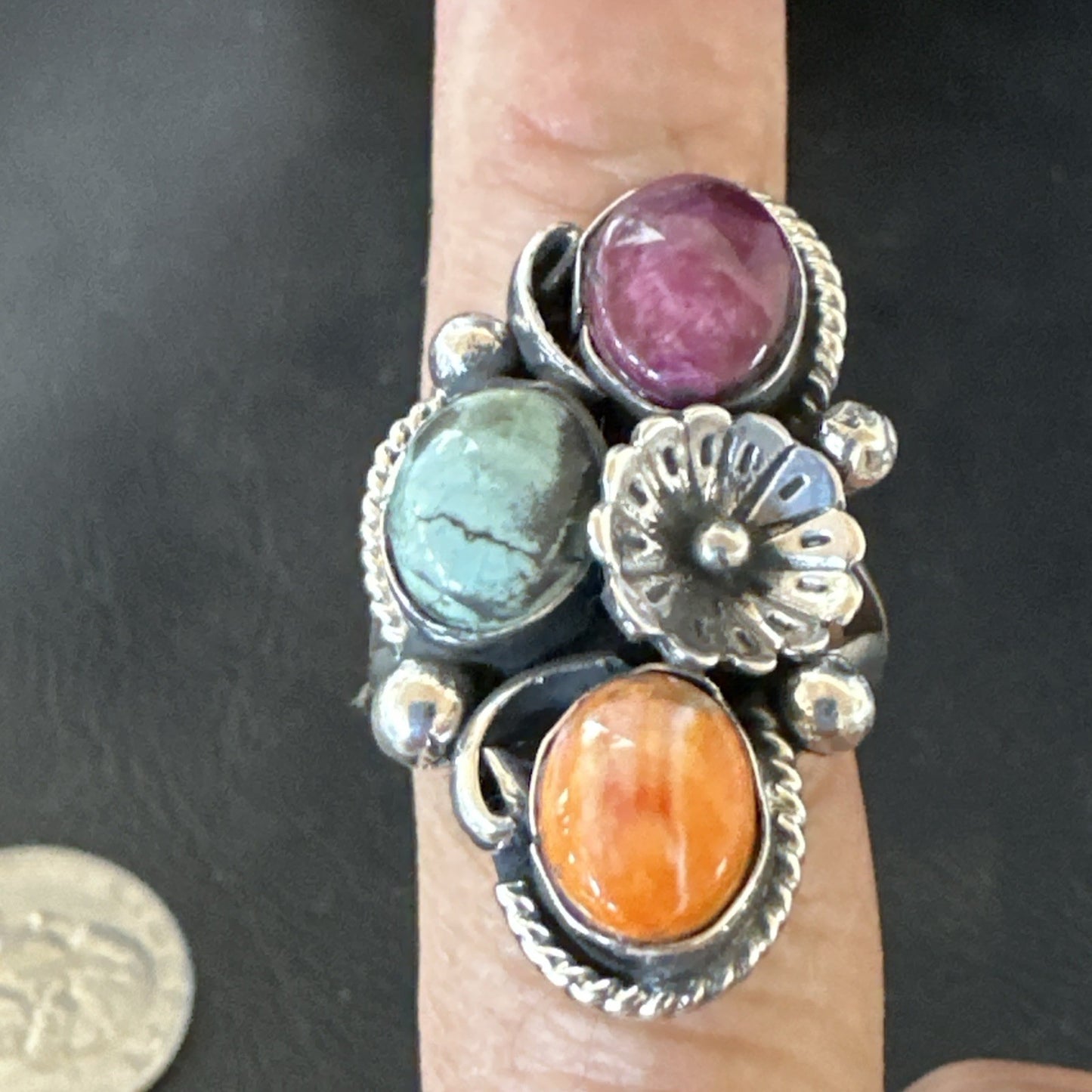 Multicolor Ring Turquoise Spiny Navajo Sterling Silver Cluster Size 8 19171