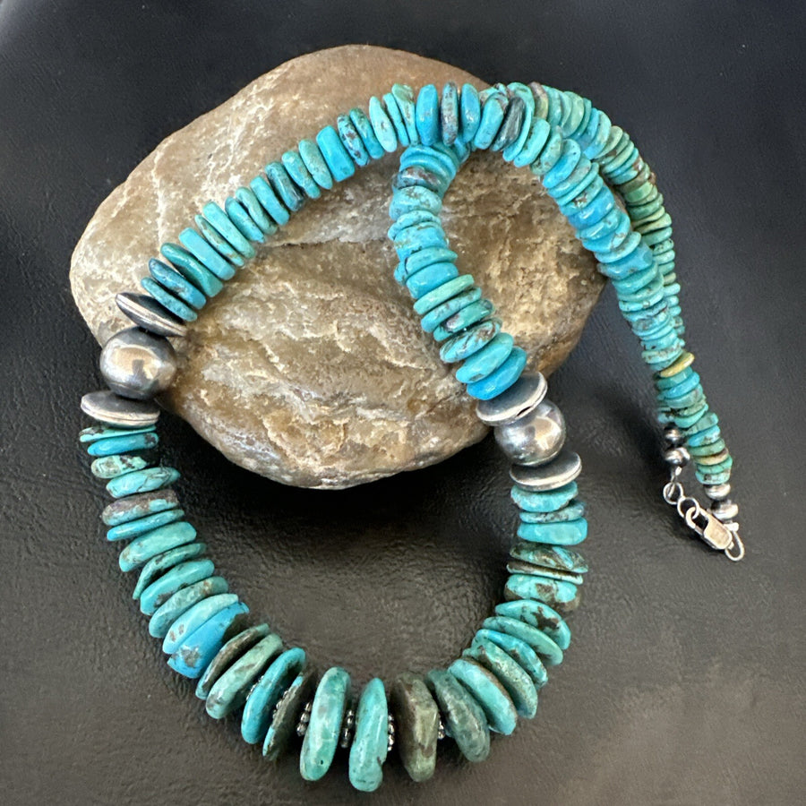Graduated Blue Turquoise Navajo Pearls Sterling Silver Necklace 18” 18319