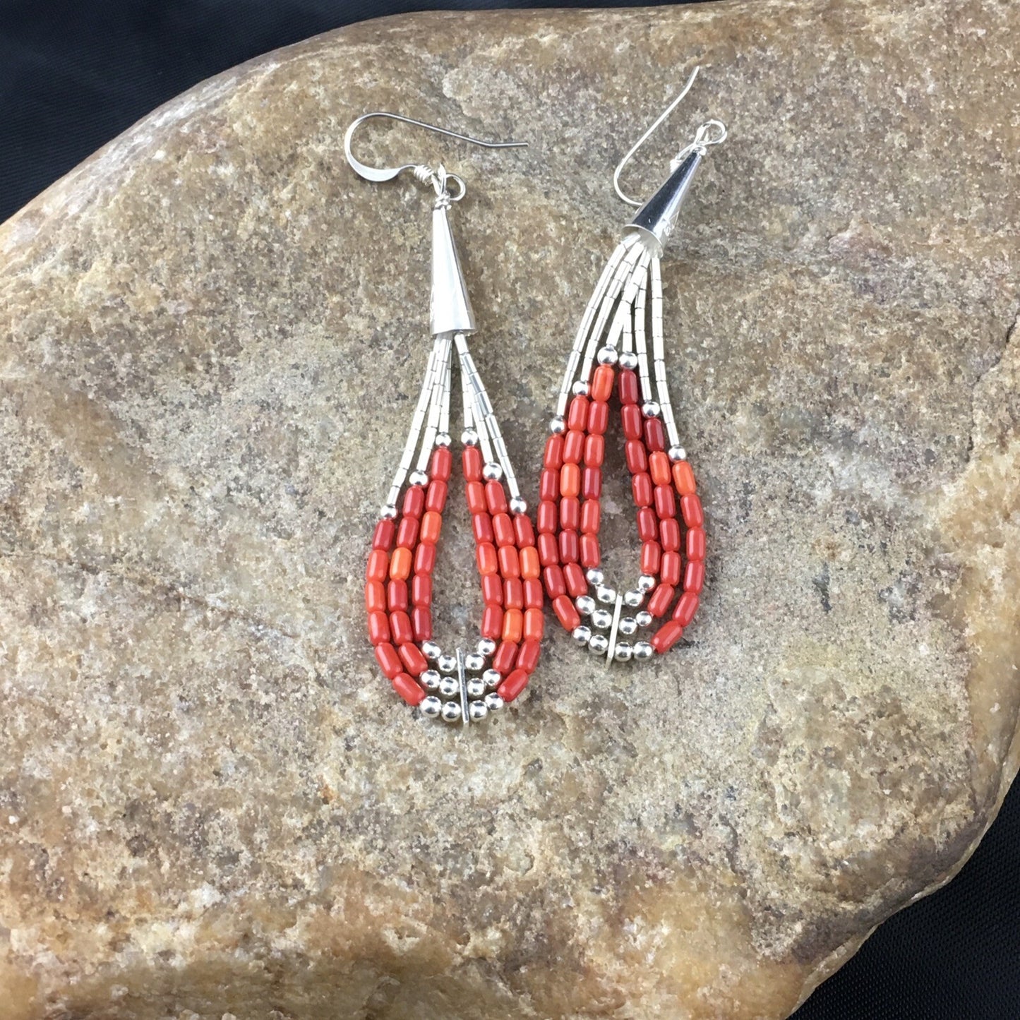 Red Coral 3 Strands Heishi Liquid Sterling Silver Dangle Earrings 1977