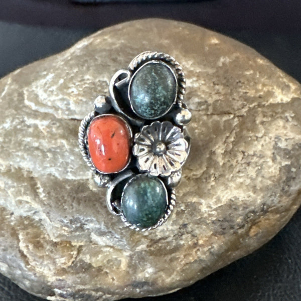 Multicolor Ring Turquoise Coral Navajo Cluster Size 8 | Sterling Silver | Authentic Native American Handmade | 19191