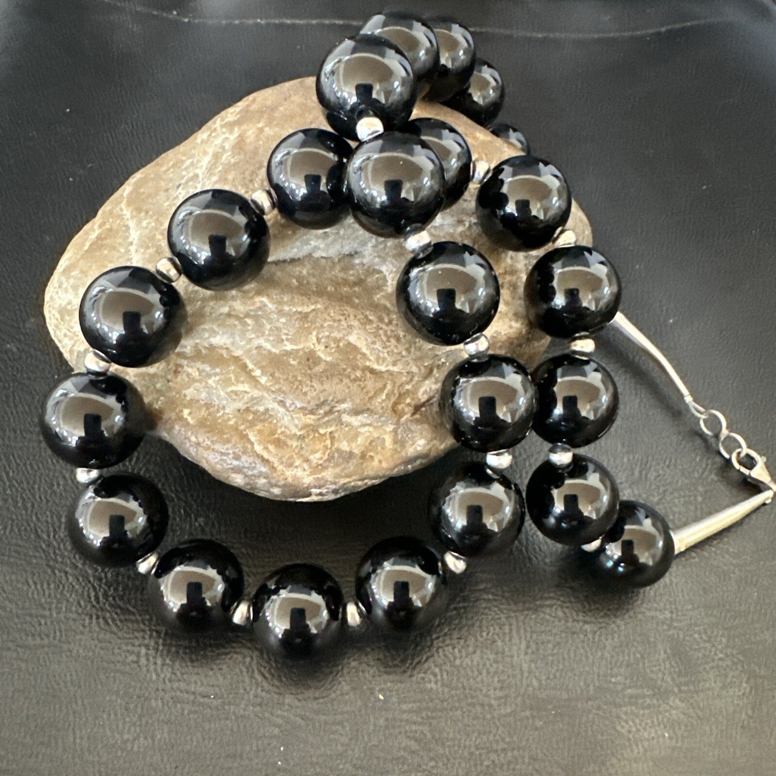 Black Onyx 16mm Large Bead Navajo Sterling Silver Necklace 20” 18787