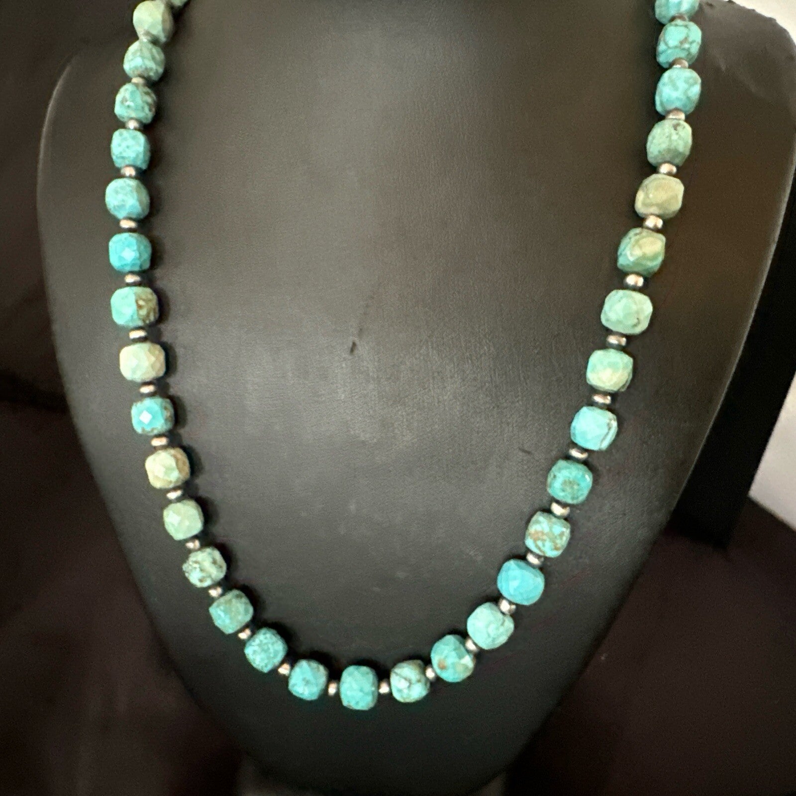 Faceted Blue Turquoise Navajo Sterling Silver Beads Necklace 21” 17727