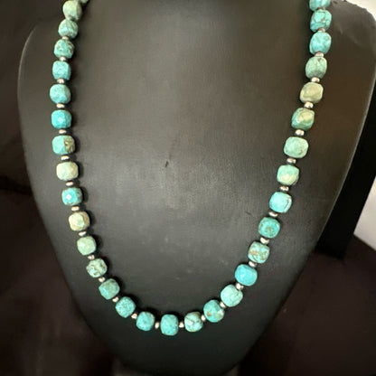 Faceted Blue Turquoise Navajo Sterling Silver Beads Necklace 21” 17727
