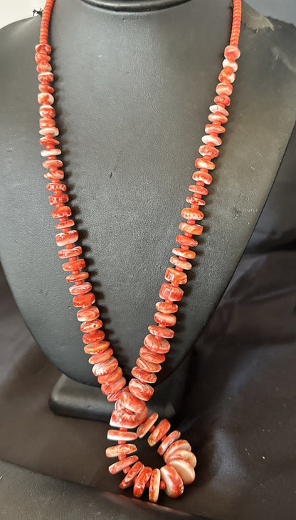 Red Spiny Oyster 28” Long Navajo Sterling Silver Necklace 17761
