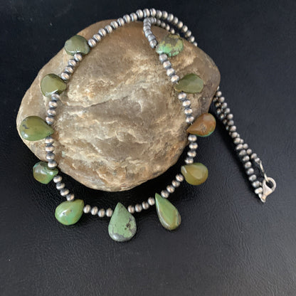 Teardrop Navajo Pearls Sterling Silver Green Turquoise Necklace 20" 13508