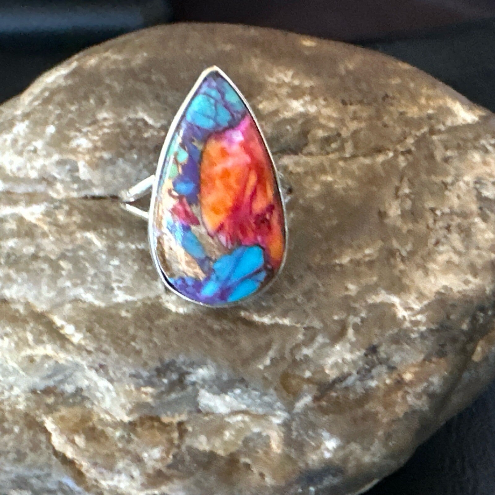 Blue Turquoise Spiny Oyster Southwestern Sterling Silver Ring Size 7 18420