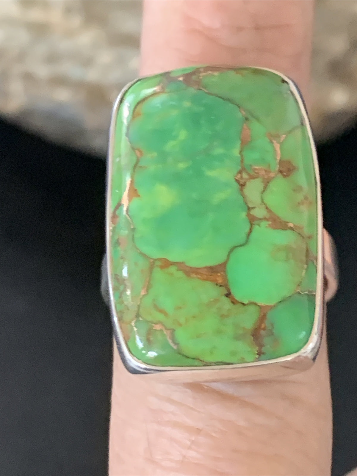 Green Mohave Turquoise Navajo Sterling Silver Ring Size 8.5 Adjustable 11793