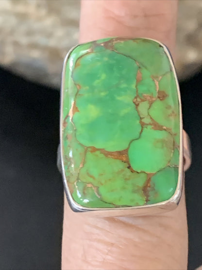 Green Mohave Turquoise Navajo Sterling Silver Ring Size 8.5 Adjustable 11793