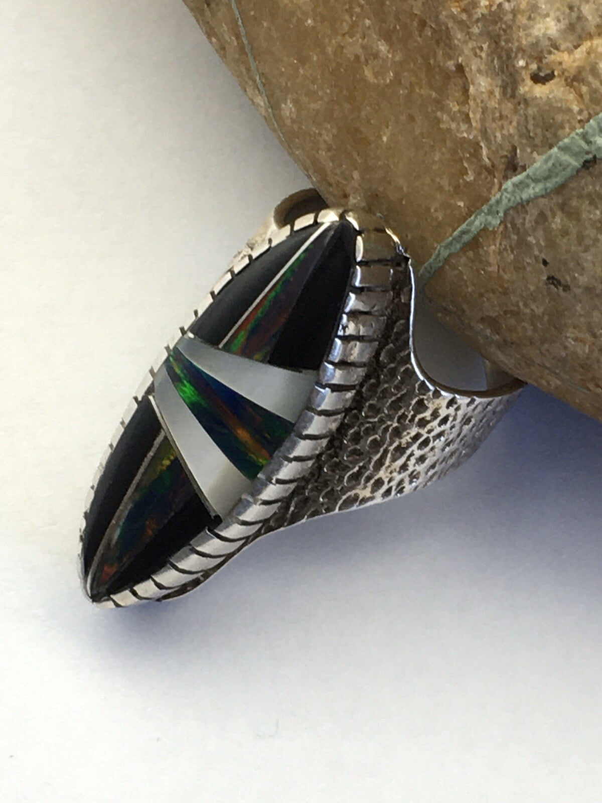 Mens Navajo Multicolor Opal Turquoise Inlay Sterling Silver Ring Size 8 01587N