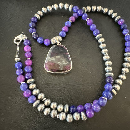 Purple Stone Pendant Navajo Pearls Sterling Silver Necklace 23" 17890