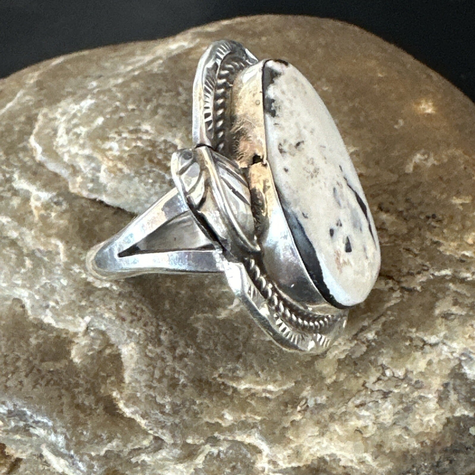 Mens Womens White Buffalo Turquoise Navajo Sterling Silver Ring Size 10 18104